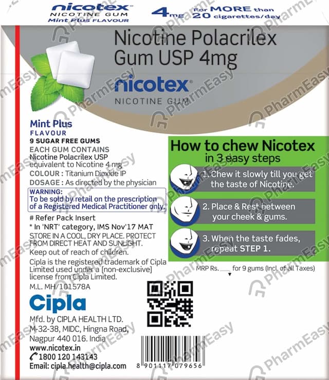 Nicotex 4mg Mint Plus Flavour Sugar Free Strip Of 9 Chewing Gums