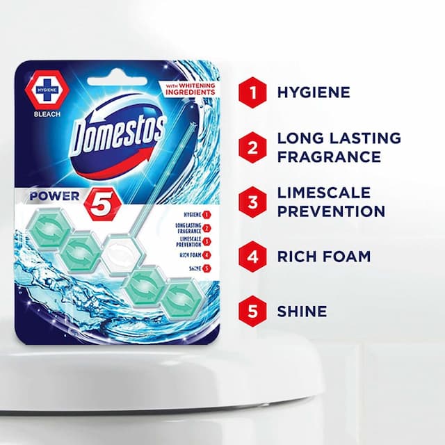 Domestos Power 5 Toilet Rim Block, Chlorine, Limescale Removal With Long Lasting Fragrance 55g