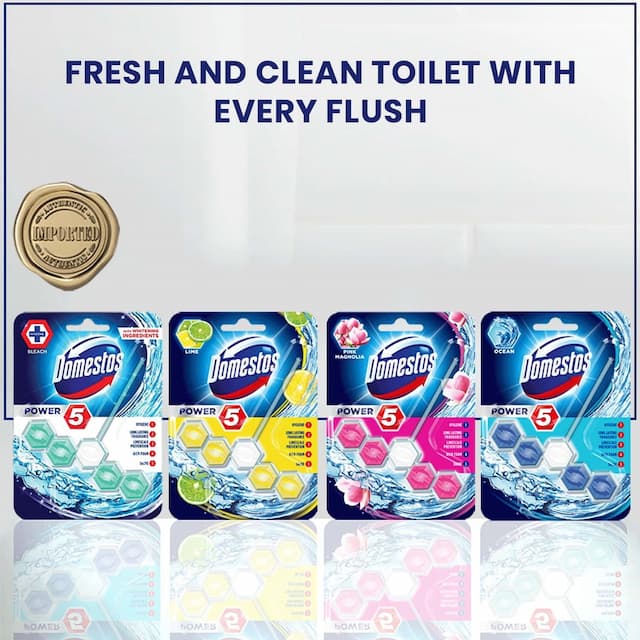Domestos Power 5 Toilet Rim Block, Chlorine, Limescale Removal With Long Lasting Fragrance 55g