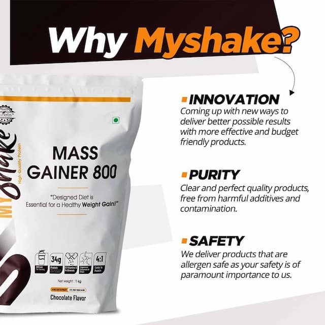 Neuherbs Myshake Mass Gainer 800 - Weight Gain With Protein, Fibers & Vitamins - 1kg (Chocolate)