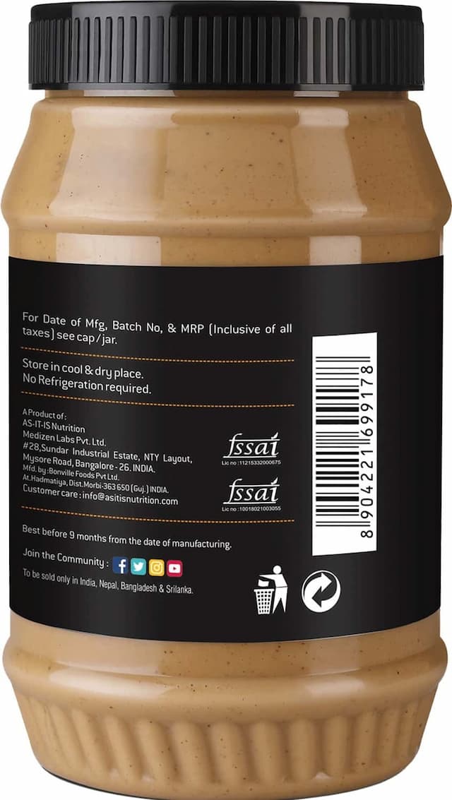 As-It-Is Nutrition Peanut Butter Crunchy (Natural & Unsweetened) 1kg Jar