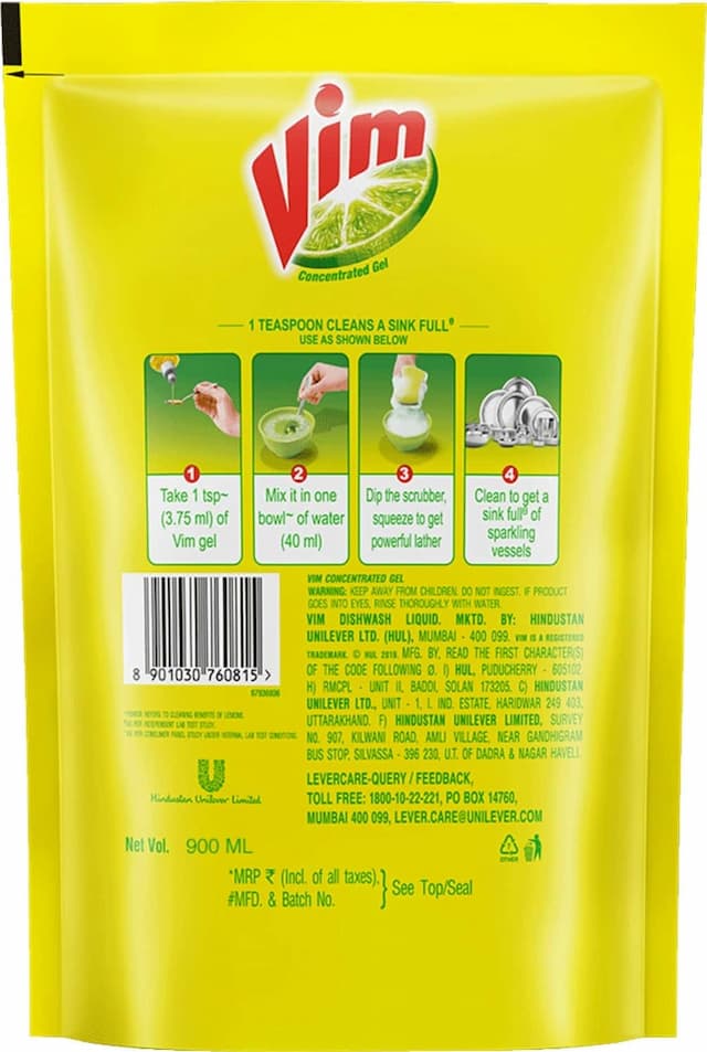 Vim Dishwash Liquid Gel Lemon - 900ml Refill Pouch
