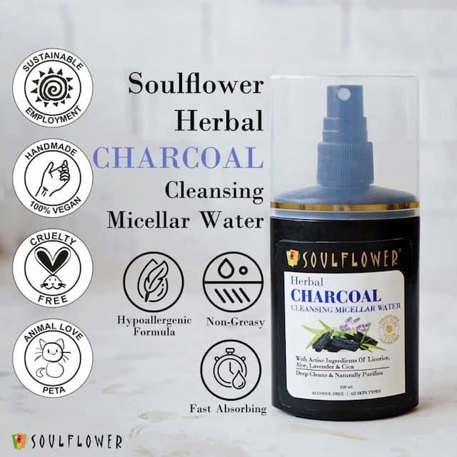 Soulflower Charcoal Cleansing Micellar Water, Makeup Remover, 120ml