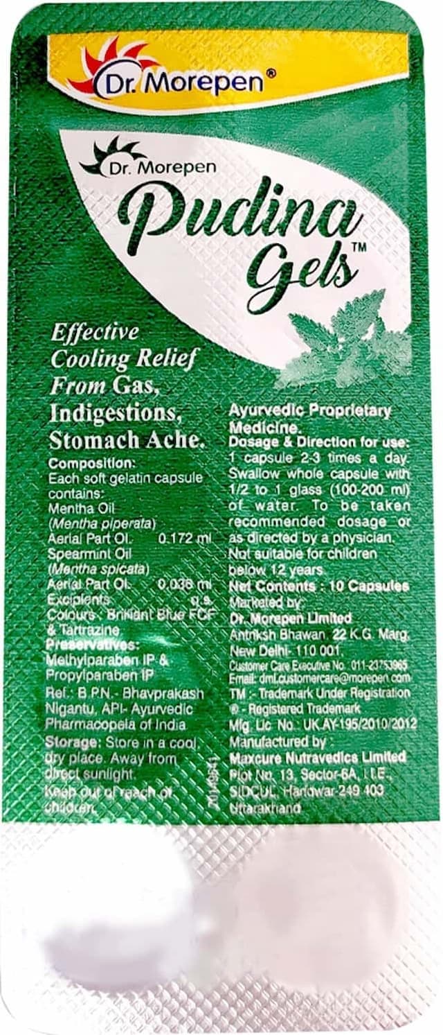 Dr. Morepen Pudina Gels Acidity Relief Medicine For Indigestion And Gas Relief, Pack Of 2 (2x10)
