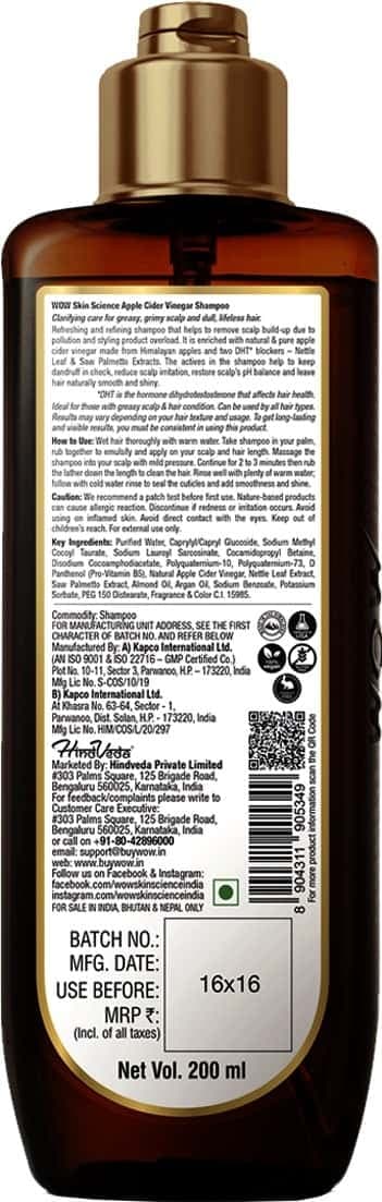 Wow Skin Science Apple Cider Vinegar Shampoo Bottle - 200ml
