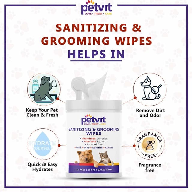 Petvit Cleansing & Grooming Wipes For Dog And Cat Enriched With Aloe Vera - 50 Wipes | Pack Of 2