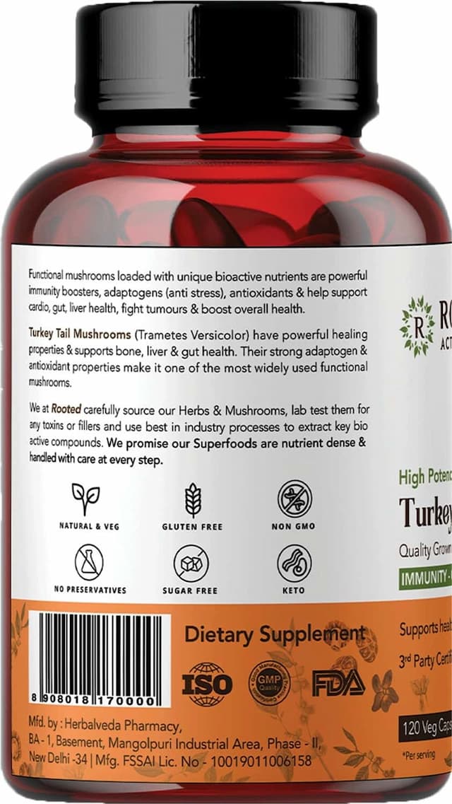 Rooted Actives- Turkey Tail Mushroom Extract 1950mg* -Pure Fruit Body Extract - 120 Veg Caps