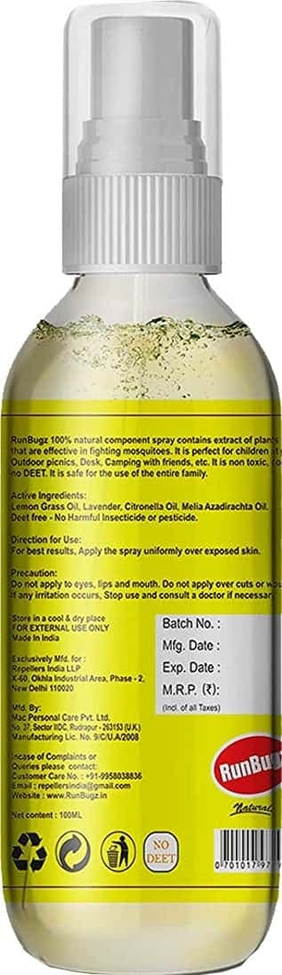 Runbugz Natural Mosquito Repellent Body Spray With Citronella And Lemon Grass 100 Ml (Pack Of 1)