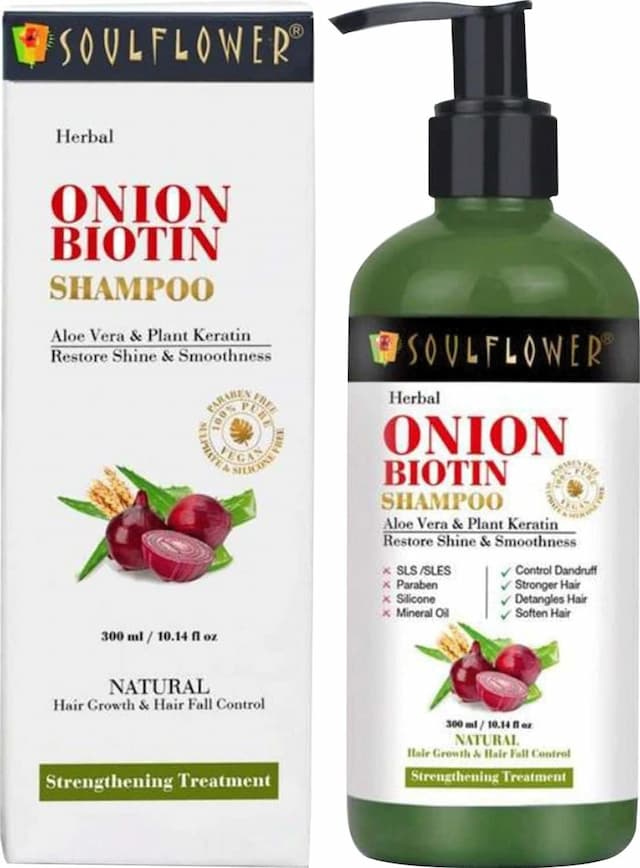 Soulflower Onion Biotin Shampoo With Aloevera & Plant Keratin, Restore Shine & Smoothness 300ml