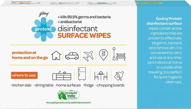 Godrej Protekt Disinfectant Surface Wipes, Kills 99.9% Germs And Bacteria, Home And Travel -60 Wipes