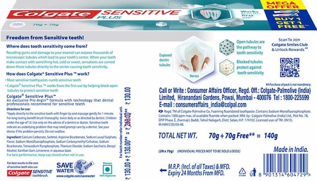 Colgate Sensitive Plus Toothpaste, With Pro Argin Formula, 70gm (Buy 1 Get 1 Free)
