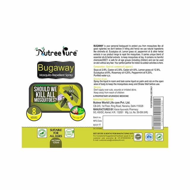 Nutree Pure Bugaway Mosquito Repellent Spray 100% Herbal 100 Ml