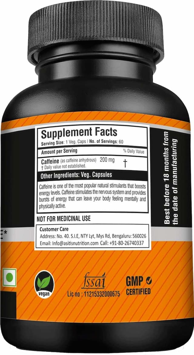As-It-Is Nutrition Caffeine 200mg - 60 Capsules | Natural Stimulant | Boosts Metabolism