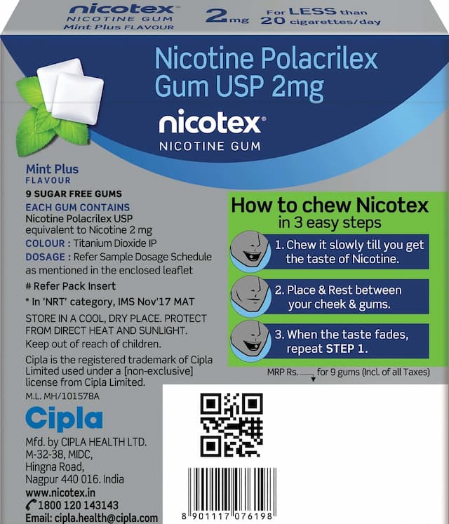 Nicotex 2mg Mint Plus Gums Sugar Free Strip Of 9|Helps Quit Smoking|