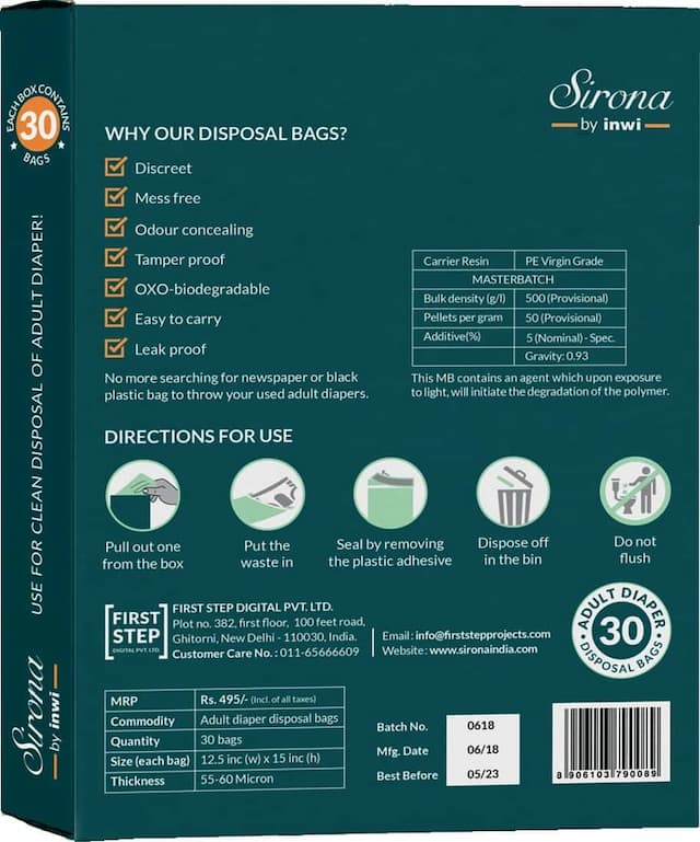 Sirona Adult Diaper Disposal Bag For Discreet, Tamper Proof Disposal Of Diapers - Pack Of 30