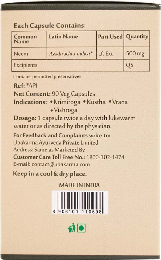 Upakarma Ayurveda Pure Herbs Neem Capsules-550 Mg 90 Veggie Capsules