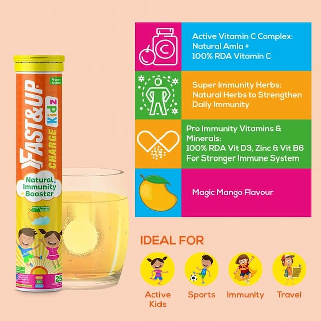 Fast&Up Charge Kids - Natural Immunity Booster - 25 Effervescent Tablets- Mango