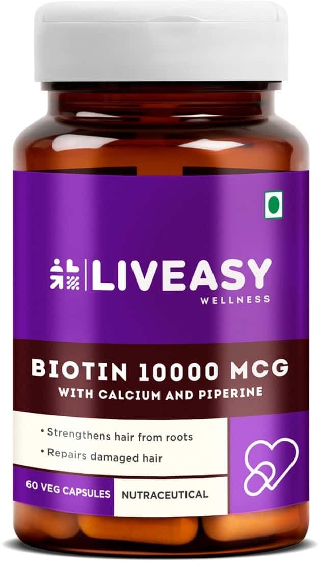 Liveasy Wellness Biotin 10000mcg With Calcium - Prevents Hair Fall - Bottle Of 60