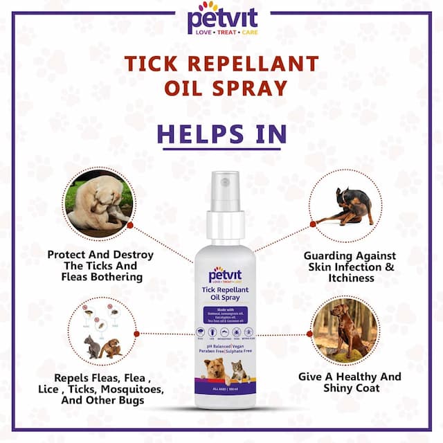Petvit Tick Repellent Oil Spray Paraben Free & Ph-Balance -For All Breed Dog & Cat 100 Ml