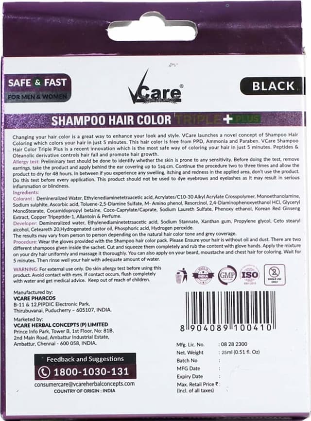 Vcare Shampoo Hair Color - Black - No Ppd - 25ml