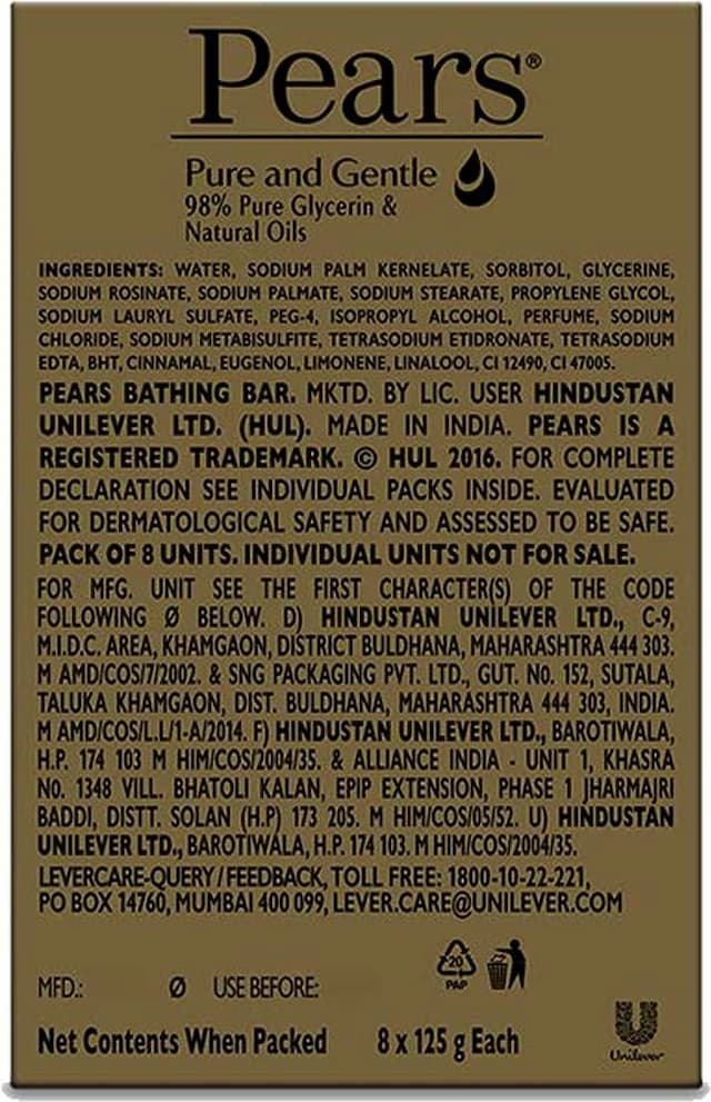 Pears Moisturising Bathing Bar Soap With Glycerine Pure & Gentle - (125g X 8)