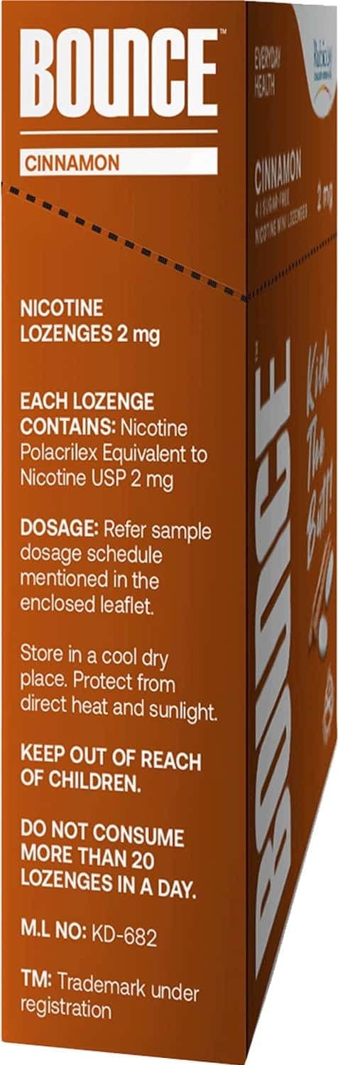 Bounce Nicotine Mini 2mg Cinnamon, Sugar Free Helps Quit Smoking 10 Lozenges