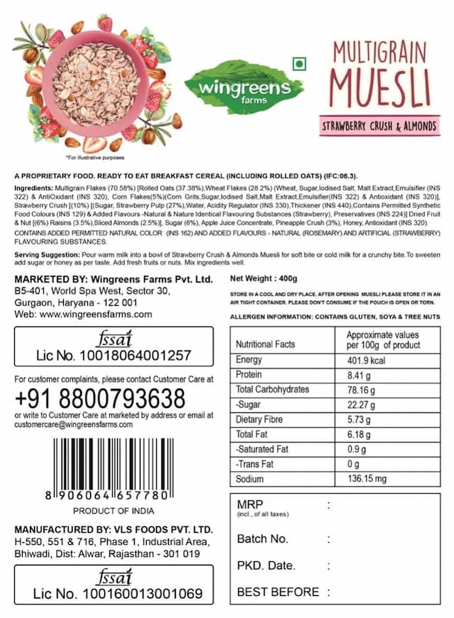 Wingreens Farms Multigrain Muesli - Strawberry Crush & Almonds | 400g Pouch