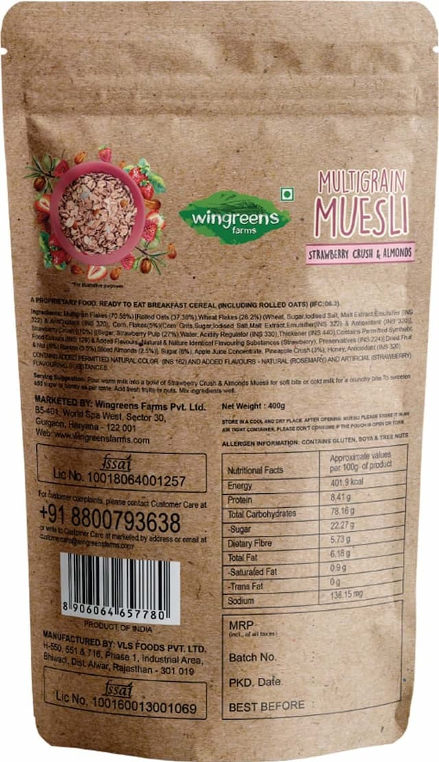 Wingreens Farms Multigrain Muesli - Strawberry Crush & Almonds | 400g Pouch