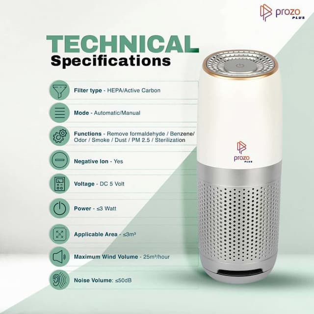 Prozo Plus Ce Certified, Hepa Filter, Portable Air Purifier For Car, Home And Office Working Station