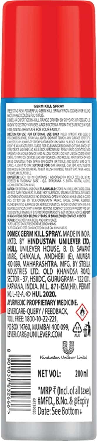 Domex Germ-Kill Spray, Kills 99.9% Germs, Instant Action, Destroys Cold, Flu H1n1 Virus - 200ml