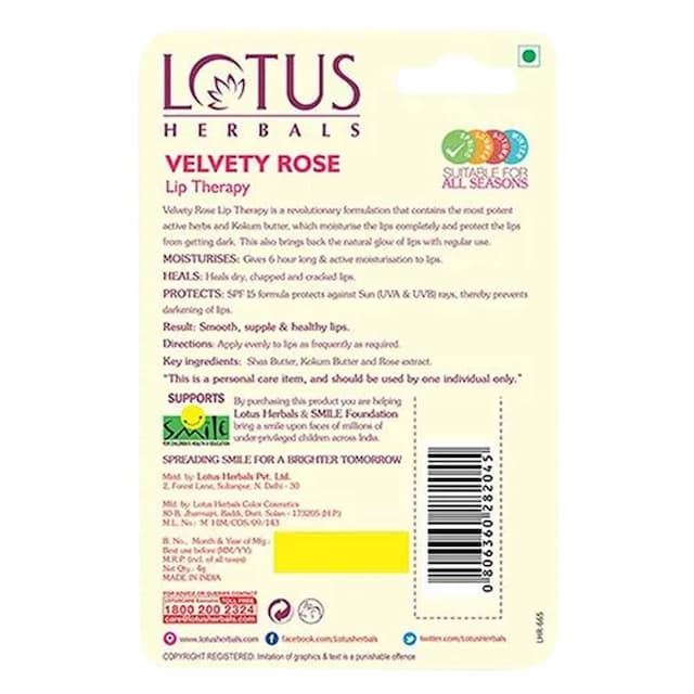 Lotus Lip Therapy Velvety Rose Lip Balm 4 Gm