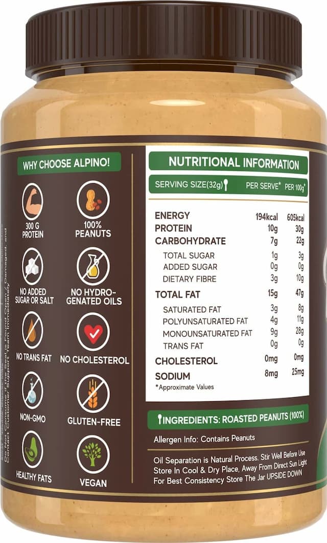 Alpino Natural Peanut Butter Crunchy 1 Kg | 30% High Protein Peanut Butter | Unsweetened Vegan