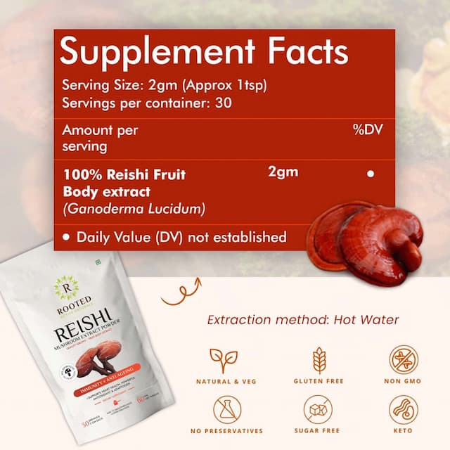 Rooted Actives - Reishi Mushroom Extract Powder - Pure Fruit Body Extract- 60gm