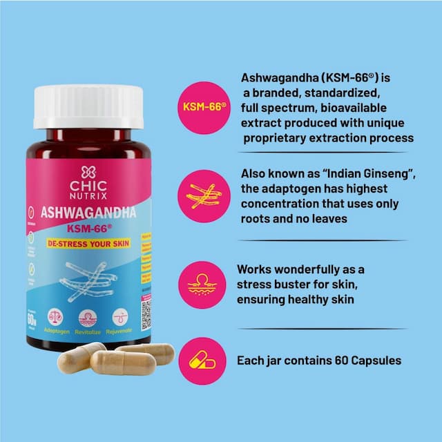 Chicnutrix Ashwagandha Ksm-66|600mg + 5% Withanolides |Skin De-Stress|60 Caps