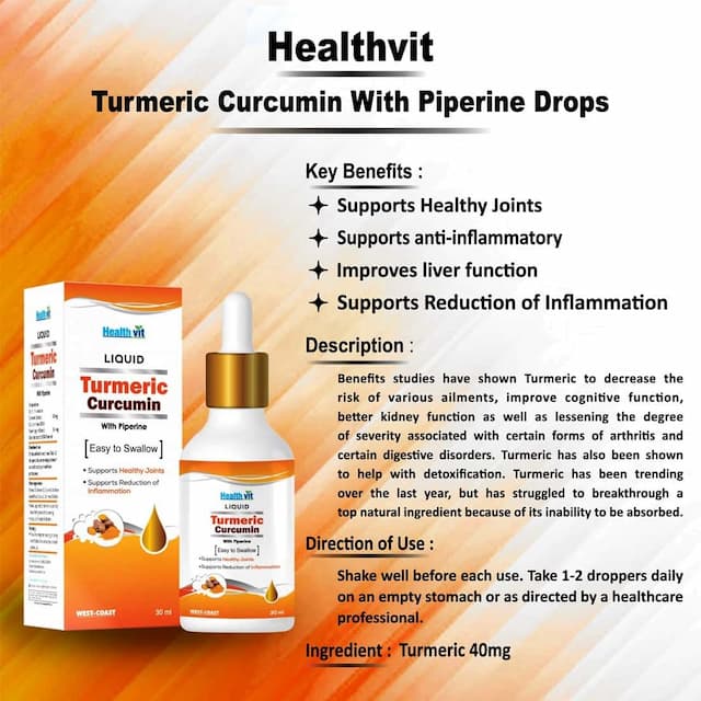 Healthvit Turmeric Extract 40mg Curcumin (Curcuminoids 95% ) With Piperine Liquid Drops - 30ml