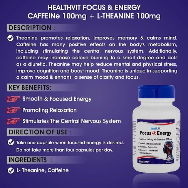 Healthvit Focus & Energy Caffeine 100 Mg L-Theanine 100 Mg - 60 Capsules