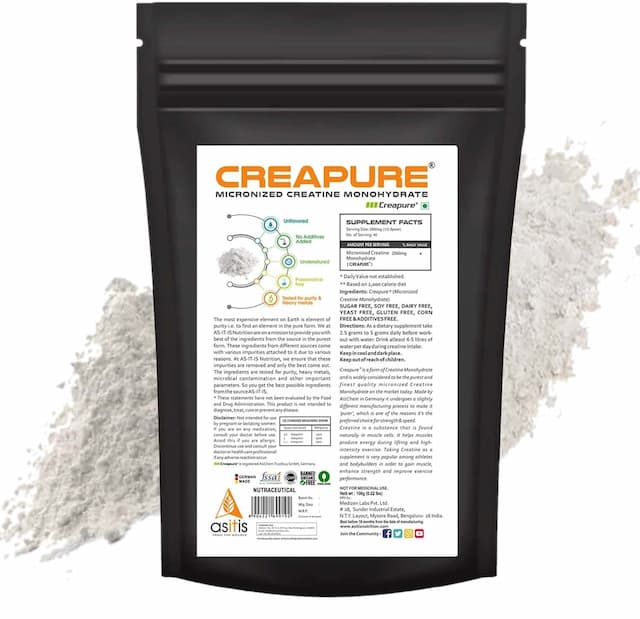 As-It-Is Nutrition Creapure -German Made Micronized Creatine Monohydrate, Unflavoured 100g Pouch