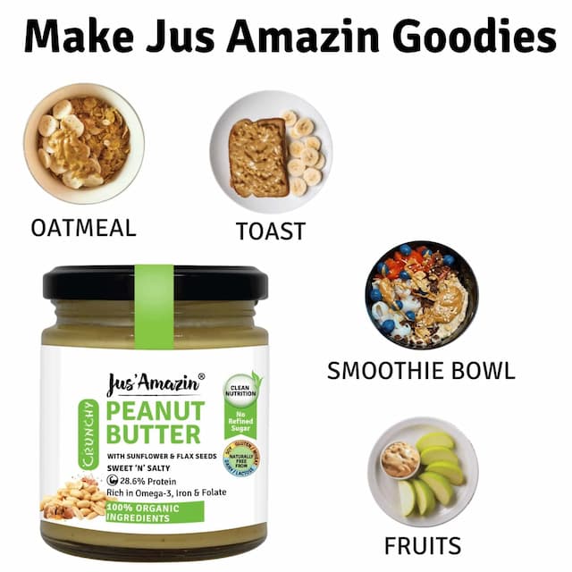 Jus Amazin Crunchy Organic Peanut Butter - With Sunflower And Flax Seeds (200g)