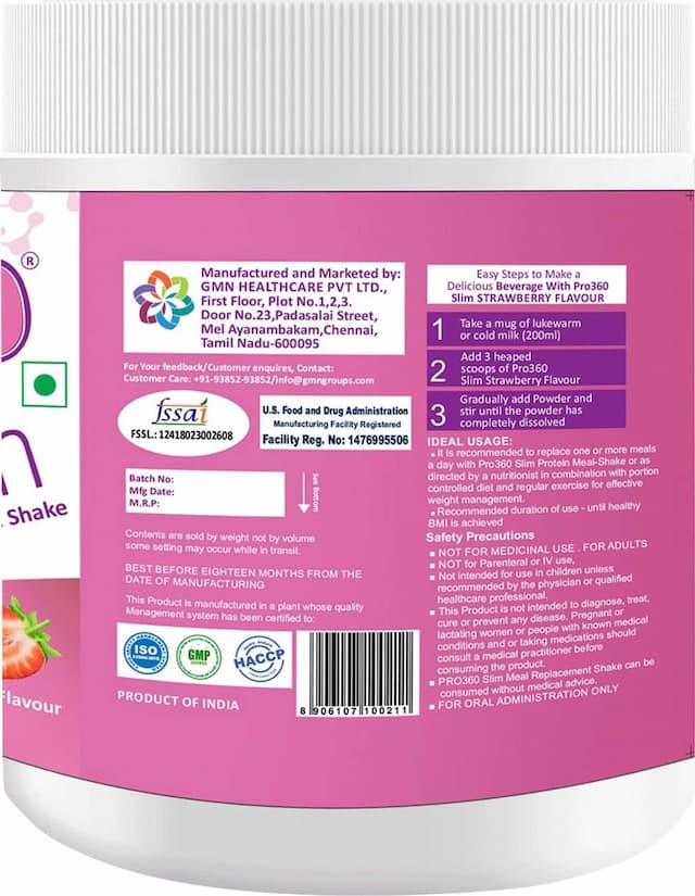 Pro360 Slim Strawberry Nutritional Supplement Powder Tin Of 500 G