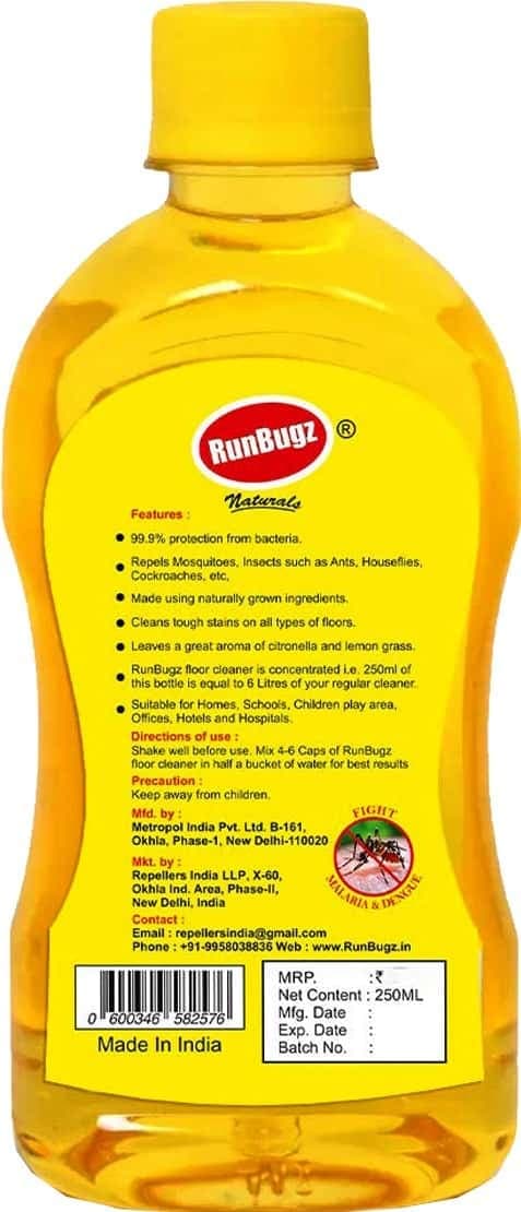 Runbugz Mosquito Repellent Concentrate Floor Cleaner, 250 Ml (Make 6 L From 250 Ml) - Pack Of 1