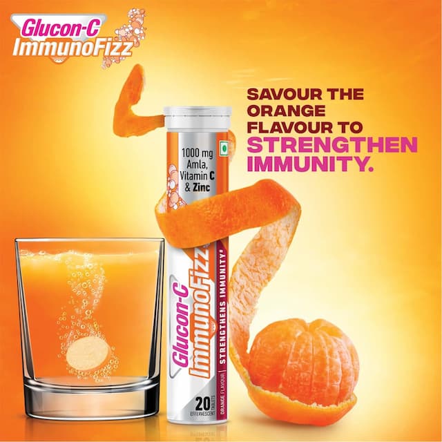 Glucon C Immunofizz Orange Flavored Effervescent Tablets With 1000mg Amla, Vitamin C And Zinc, Strengthens Immunity, (Pack Of 4), 20 Tablets Per Bottle