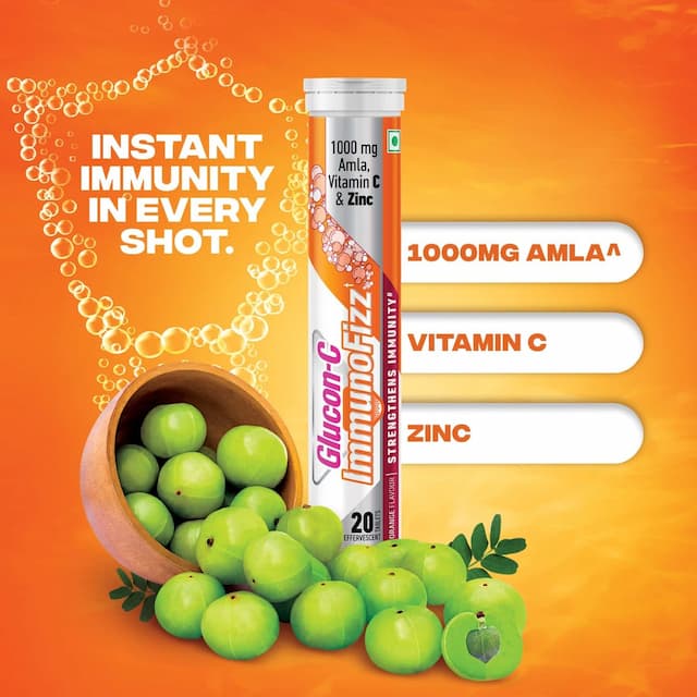 Glucon C Immunofizz Orange Flavored Effervescent Tablets With 1000mg Amla, Vitamin C And Zinc, Strengthens Immunity, (Pack Of 4), 20 Tablets Per Bottle