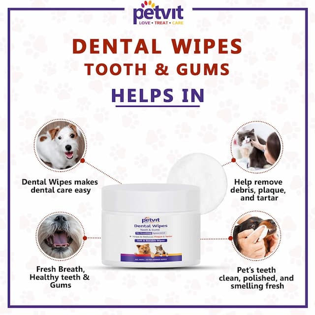 Petvit Dental Wipes -Tartar And Plaque Remover-Teeth Cleaning Dog & Cat For All Age Group -50 Wipes