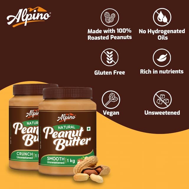 Alpino Natural Peanut Butter Smooth 400 G |30% High Protein Peanut Butter| Unsweetened Vegan