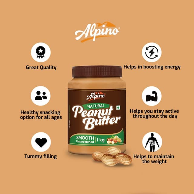 Alpino Natural Peanut Butter Smooth 400 G |30% High Protein Peanut Butter| Unsweetened Vegan
