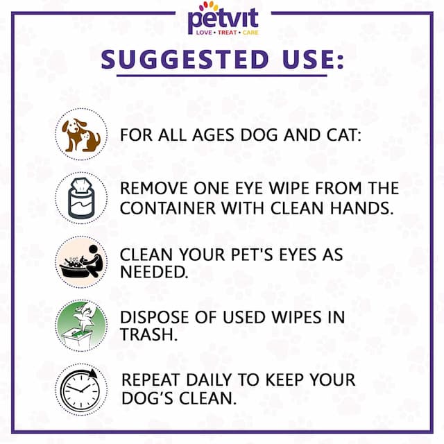 Petvit Eye Tear Stain Remover Wipes For Dogs And Cats | Fragrance Less 50 Wipes | For All Age Group
