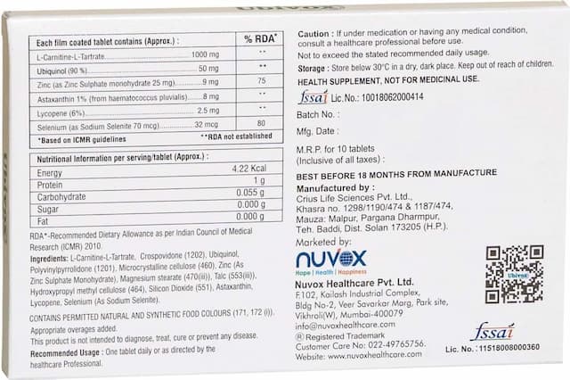 Nuvox Ubivox For Unisex Fertility, L-Carnitine-1000 Mg - 10 Tablets