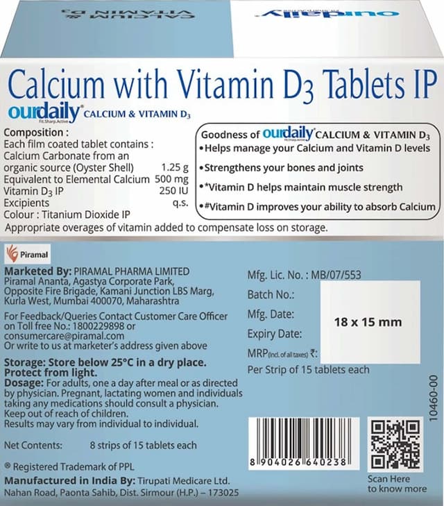 Ourdaily Calcium & Vitamin D3 - Organic Source Calcium With Vitamin D3-Teens And Adults 120 Tablets