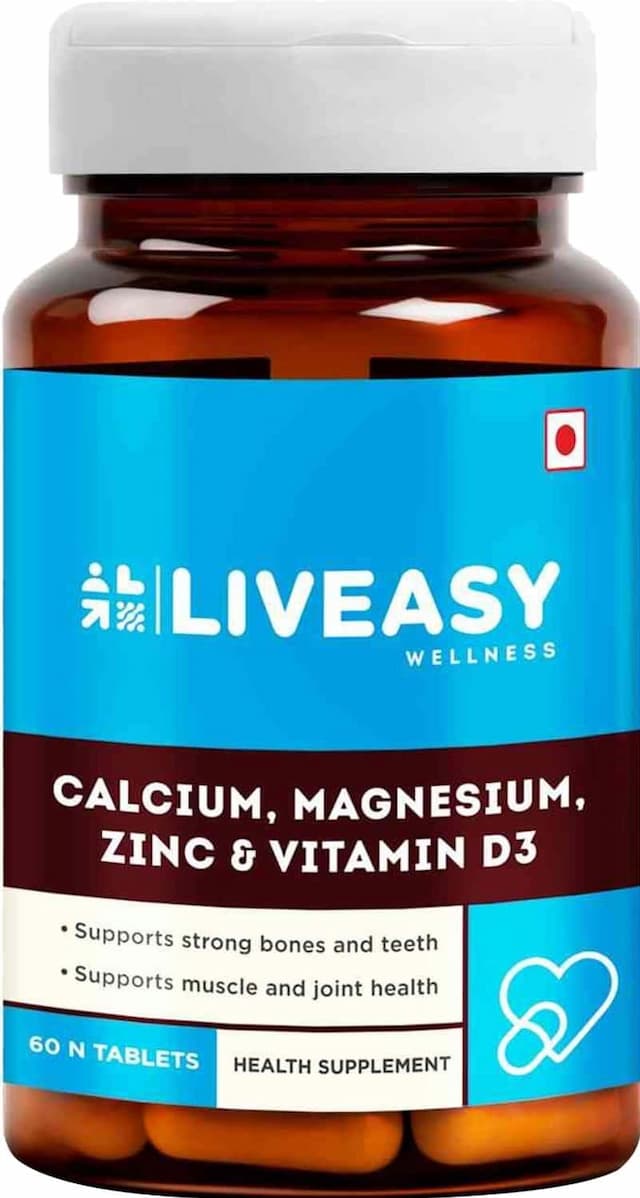 Liveasy Wellness Calcium, Magnesium, Vitamin D3 & Zinc - Bones & Dental Health - Bottle 60 Tabs