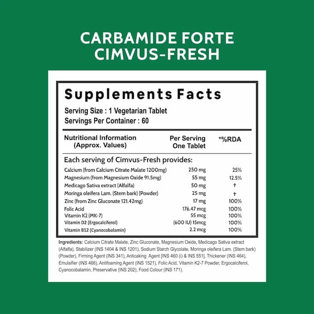Carbamide Forte Calcium With Magnesium, Zinc, Vitamin D K2 & B12 60 Tablets